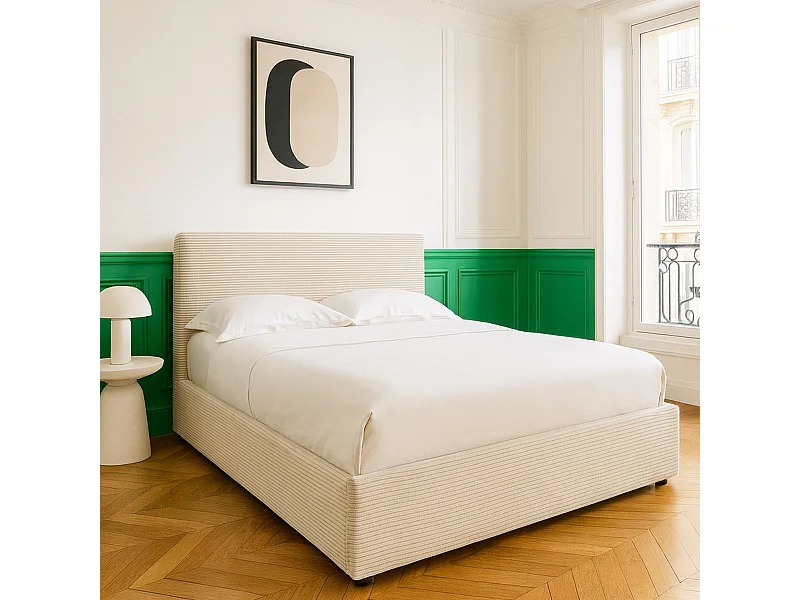 Lit coffre adulte 140x190 cm avec tête de lit matelassée en velours côtelé beige et sommier - Tina