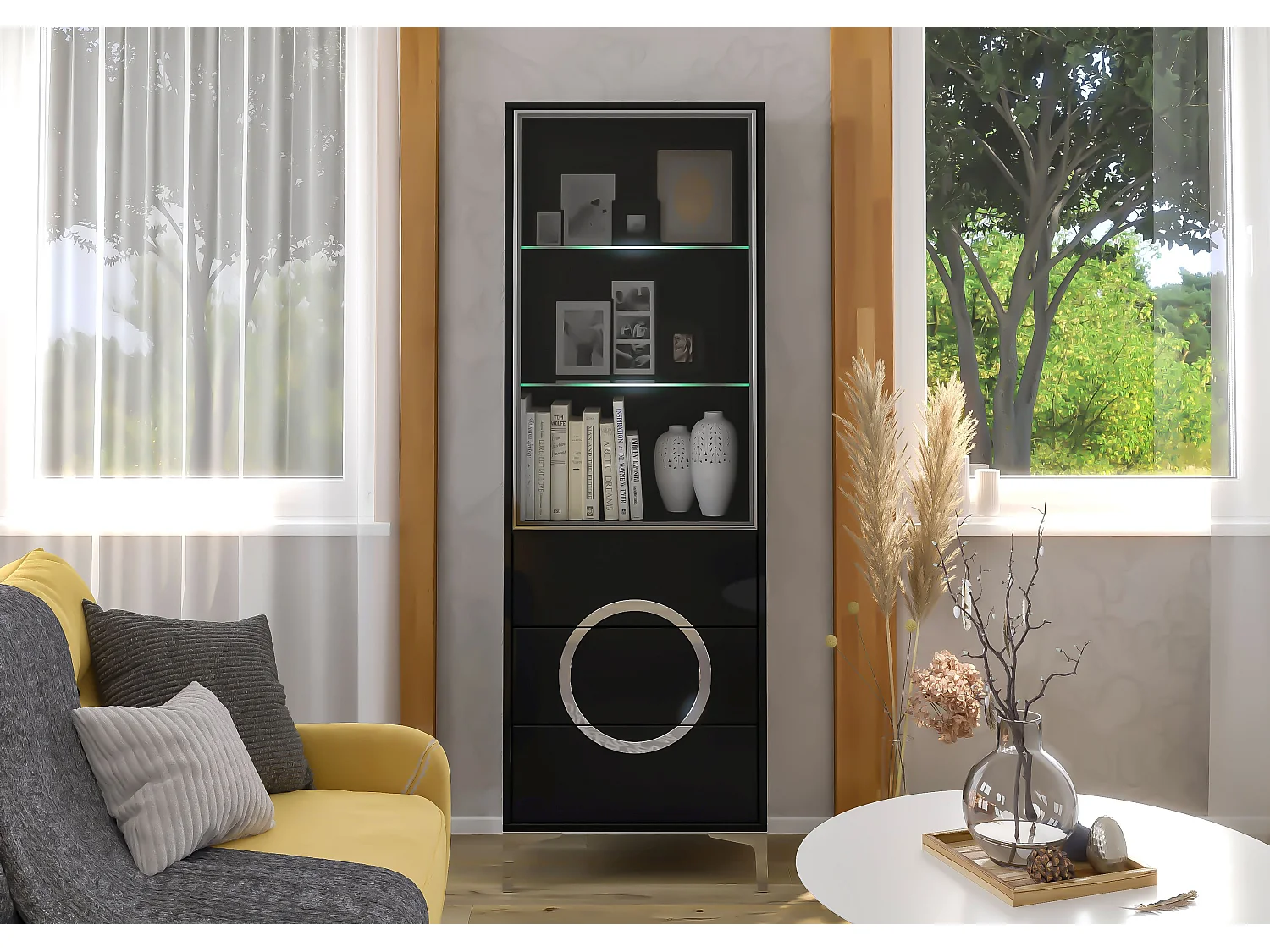 Czarna witryna Dancan EVA ze szklanymi drzwiami / połysk