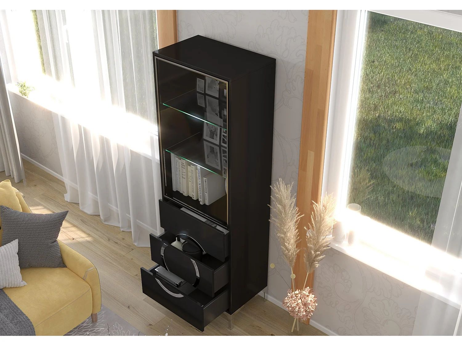 Czarna witryna Dancan EVA ze szklanymi drzwiami / połysk