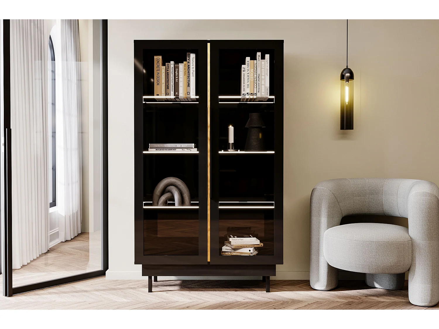 Czarna witryna Dancan ARTEMISA ze złotymi dodatkami