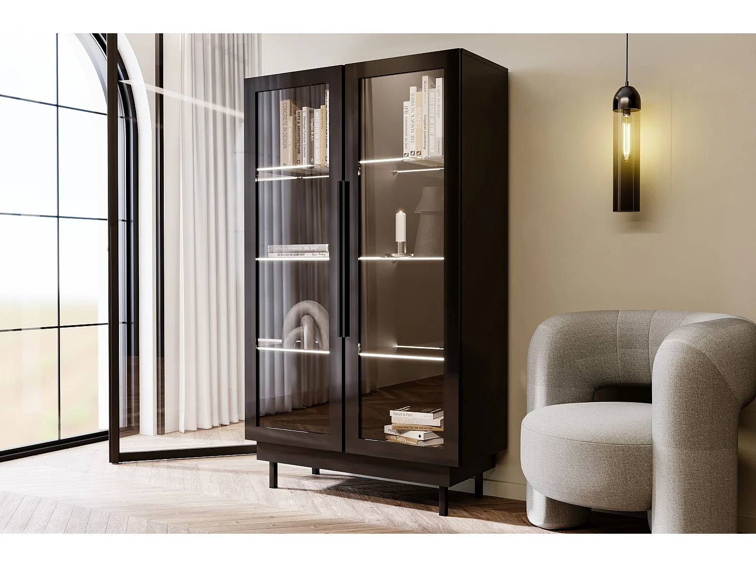 Czarna witryna Dancan ARTEMISA ze złotymi dodatkami