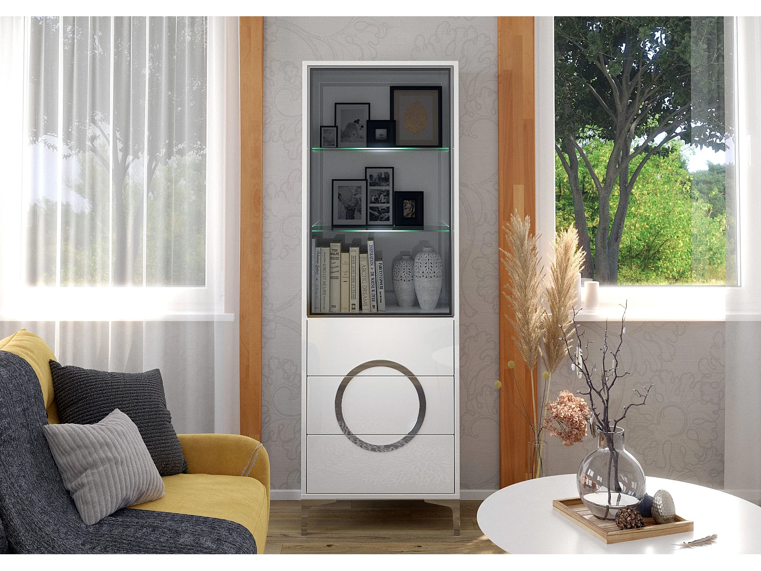 Biała witryna Dancan EVA ze szklanymi drzwiami / połysk