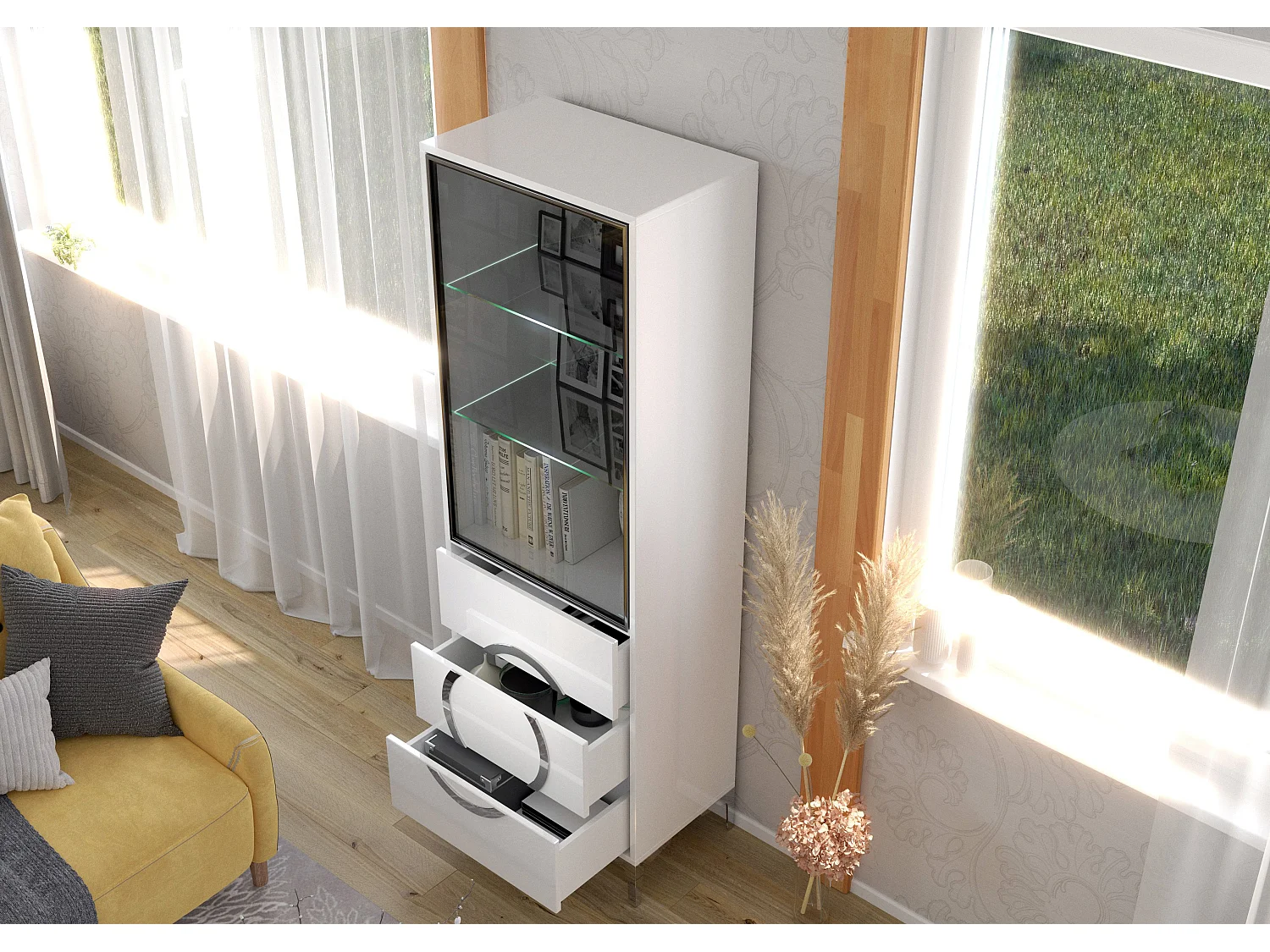 Biała witryna Dancan EVA ze szklanymi drzwiami / połysk