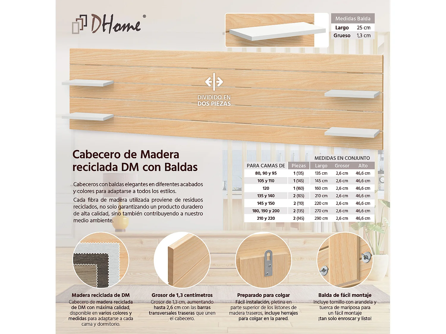 DHOME Tête de lit  avec étagères en bois recyclé DM Lit mural horizontal de style palette Nordic (bois naturel/blanc, 210 cm double)