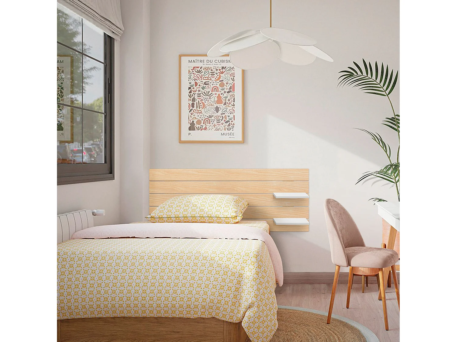DHOME Testiera con ripiani in legno riciclato DM Parete sospesa Stile Pallet Letto Orizzontale (Legno Naturale/Bianco, 160 cm)