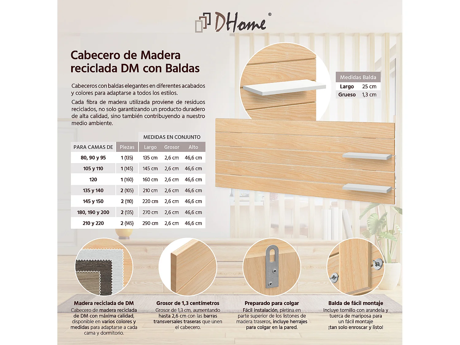 DHOME Tête de lit  avec étagères en bois recyclé DM Lit mural suspendu style palette  horizontal (bois naturel/blanc, 145 cm)