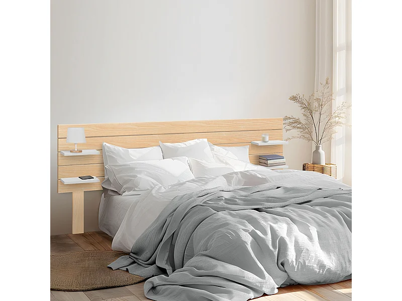 DHOME Hoofdbord met planken gemaakt van gerecycled MDF-hout Wandhangend horizontaal pallet-stijl met poten Vintage bed (natuurlijk hout/wit, 220 cm dubbel)