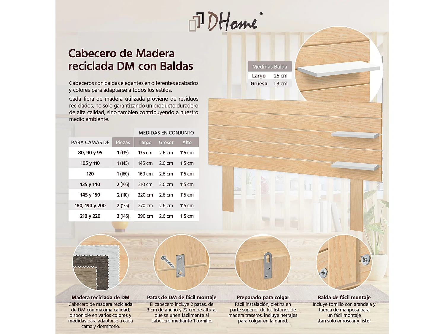 DHOME Testiera con ripiani in legno riciclato DM Parete sospesa orizzontale in stile pallet con gambe Letto (legno naturale/bianco, 160 cm)