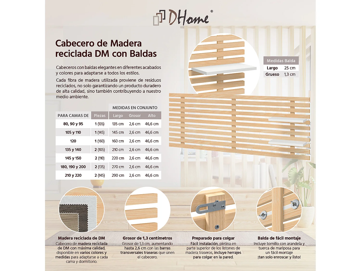 DHOME Tête de lit  avec étagères en bois recyclé DM Tenture murale Style palette japonaise Lit  (bois naturel/blanc, 160 cm)