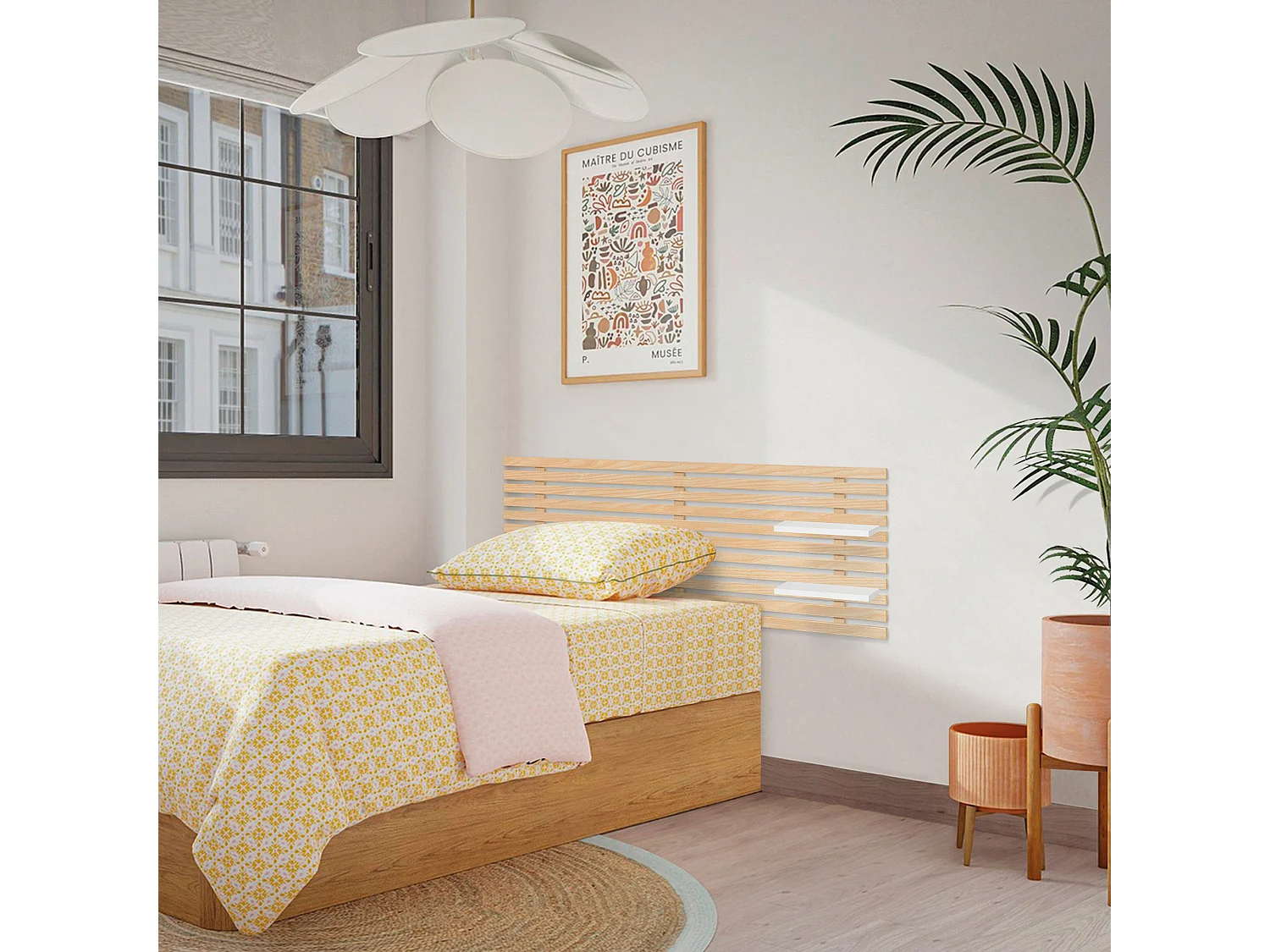DHOME Tête de lit  avec étagères en bois recyclé DM Tenture murale Style palette japonaise Lit  (bois naturel/blanc, 160 cm)