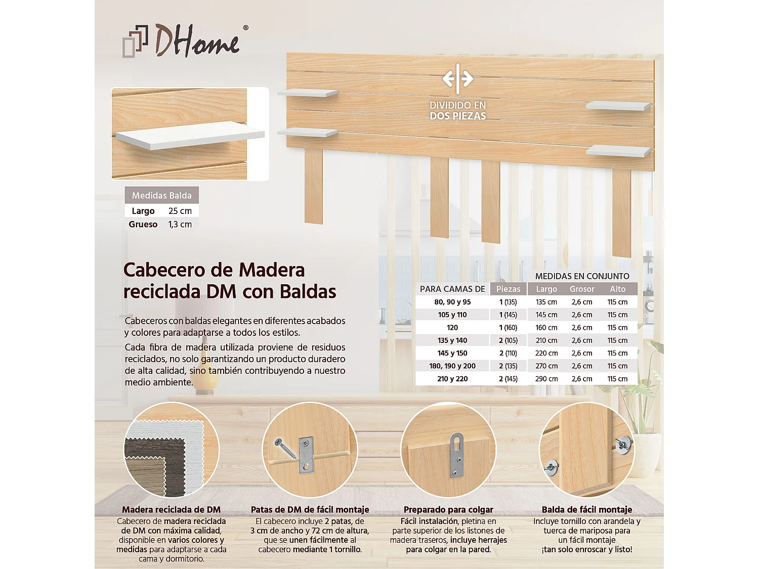 DHOME Kopfteil mit Regalen aus recyceltem Holz, DM-Wandbehang, horizontal, Palettenstil mit Beinen, Vintage-Bett (Naturholz/Weiß, 210 cm Dual)