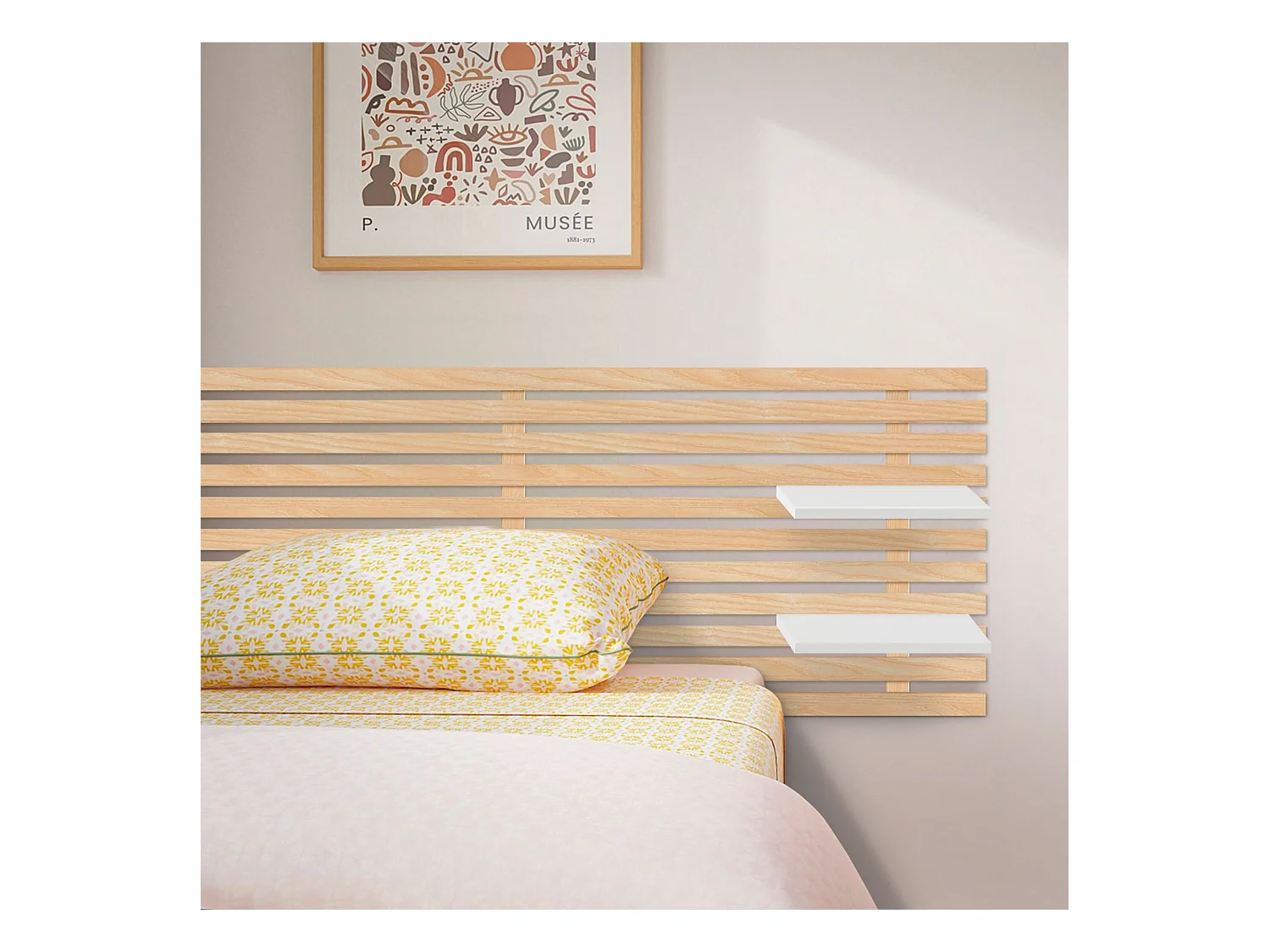 DHOME Tête de lit  avec étagères en bois recyclé DM Tenture murale Style palette japonaise Lit  (bois naturel/blanc, 135 cm)