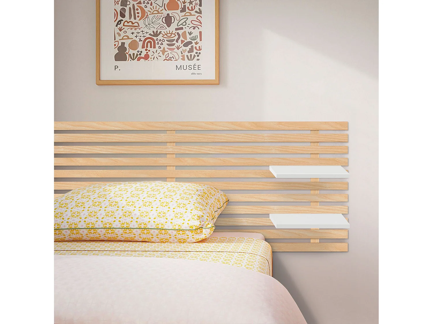 DHOME Tête de lit  avec étagères en bois recyclé DM Tenture murale Style palette japonaise Lit  (bois naturel/blanc, 135 cm)
