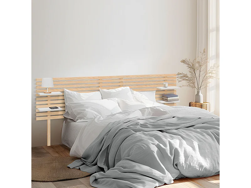 DHOME Kopfteil mit Regalen aus recyceltem MDF-Holz, Wandmontage, japanischer Palettenstil, mit Beinen, Vintage-Bett (Naturholz/Weiß, 220 cm, Doppelbett)