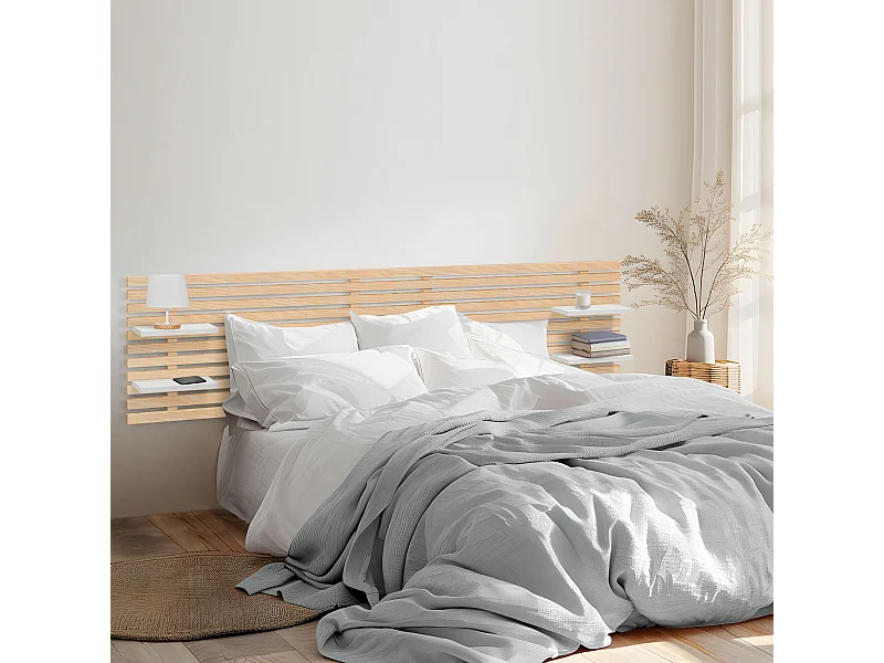 DHOME Kopfteil mit Regalen aus recyceltem MDF-Holz, Wandbehang, japanisches Vintage-Bett im Palettenstil (Naturholz/Weiß, 210 cm, Doppelbett)