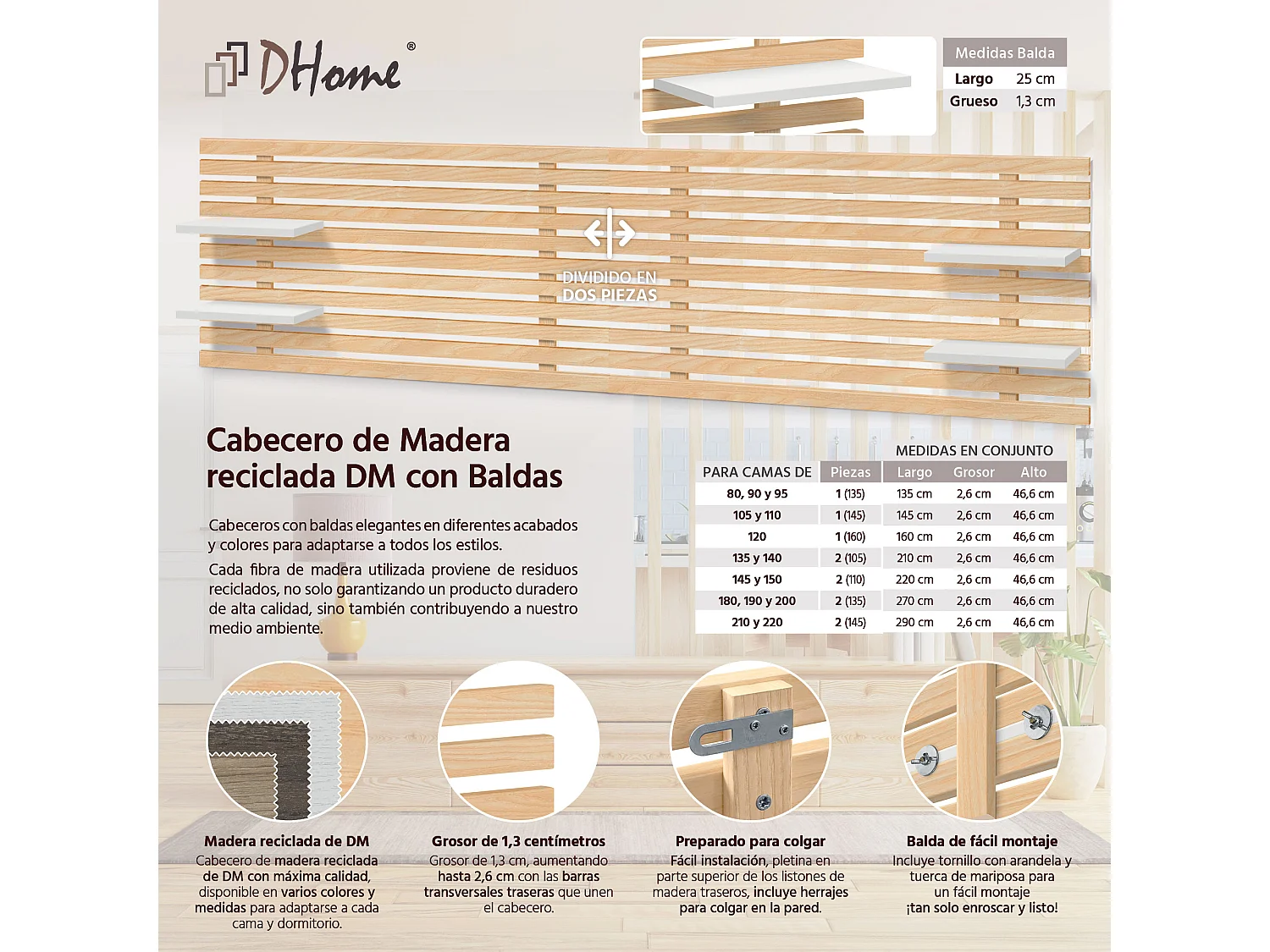 DHOME Hoofdbord met planken van gerecycled hout DM Muurhangend vintage bed in Japanse palletstijl (natuurlijk hout/wit, 210 cm dubbel)