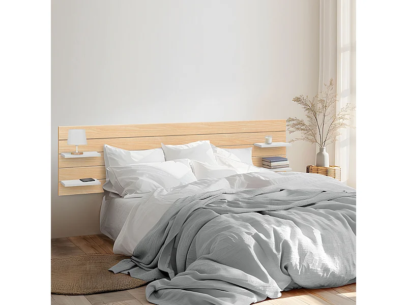 DHOME Hoofdbord met Planken gemaakt van Gerecycled MDF Hout Hangend Wand Stijl Horizontaal Pallet Vintage Bed (Natuurlijk Hout/Wit, 220cm Dubbel)