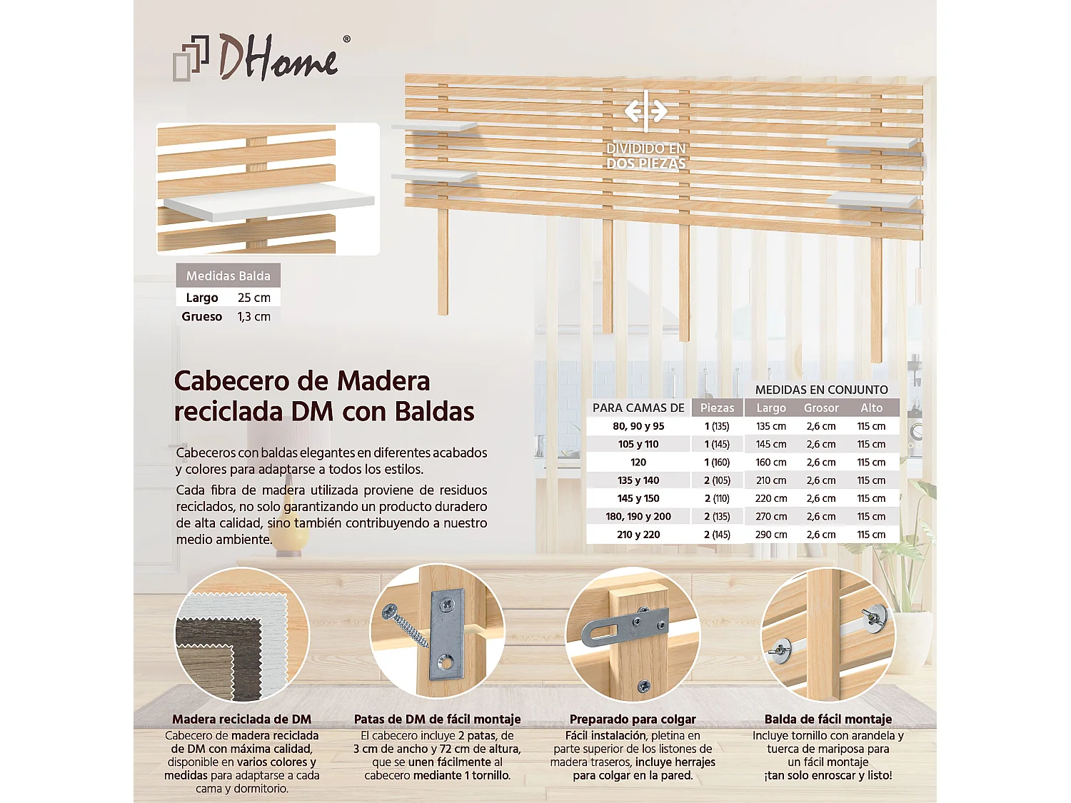 DHOME Tête de lit  avec étagères en bois recyclé DM suspension murale, style palette japonaise avec pieds, lit  (bois naturel/blanc, 210 cm double)