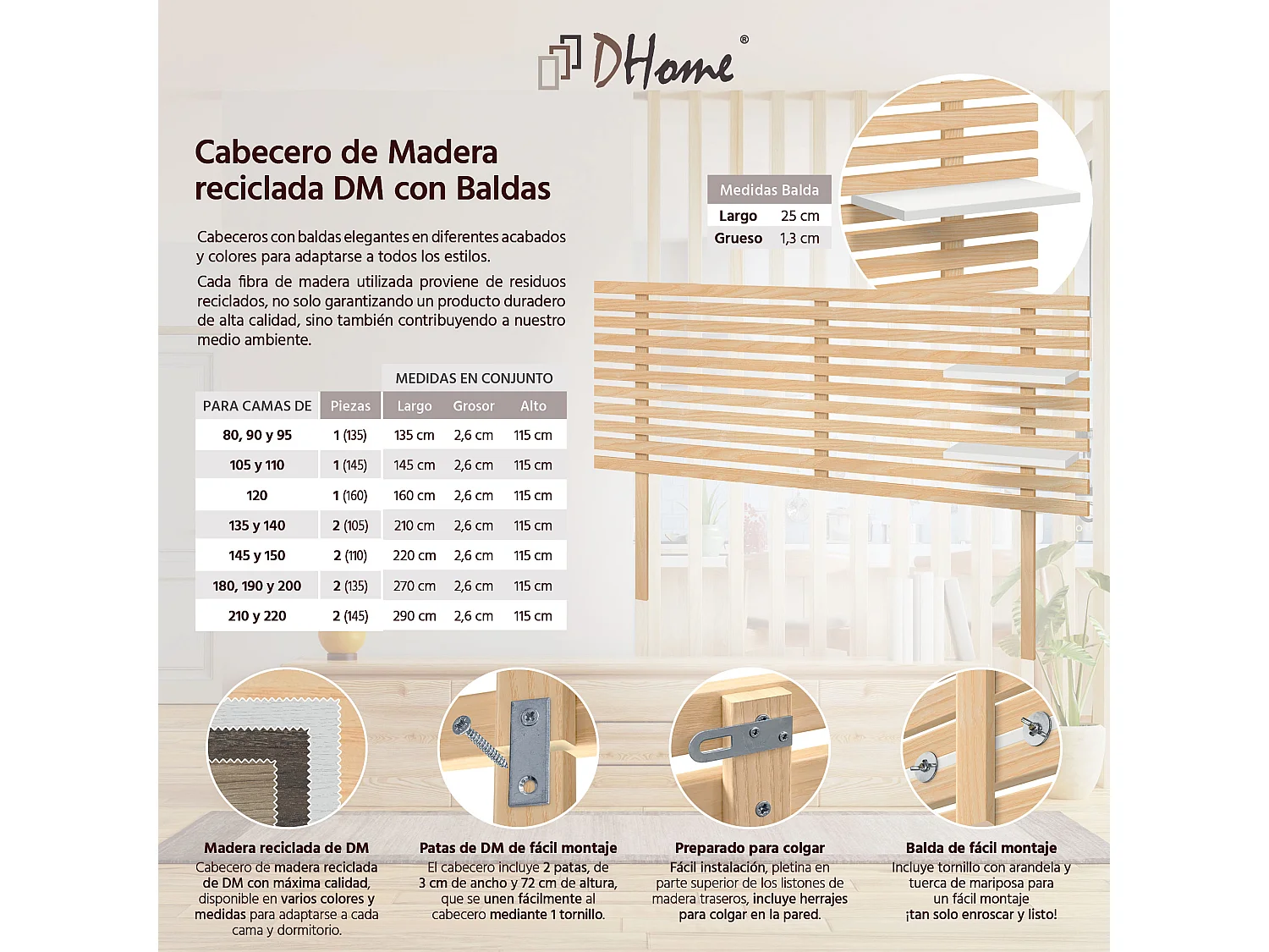 Cabeceira DHOME com prateleiras de madeira reciclada DM Pendurado na parede estilo palete japonês com pernas  (madeira naturalbranca, 135cm)