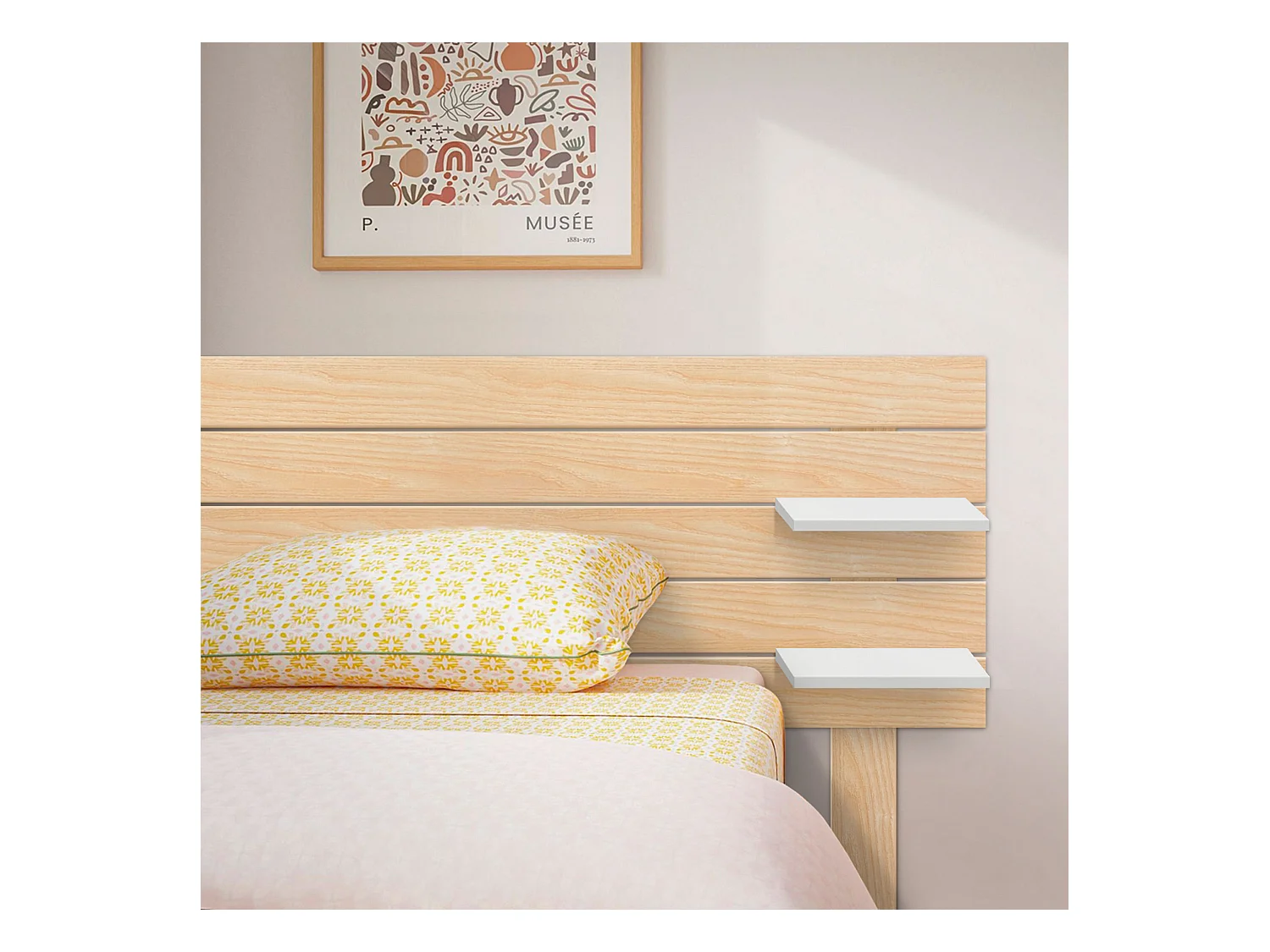 DHOME Cabecero con Estantes de Madera reciclada DM Colgante Pared Estilo Palet horizontal con patas Cama Vintage  (Madera Natural/Blanco, 145cm)