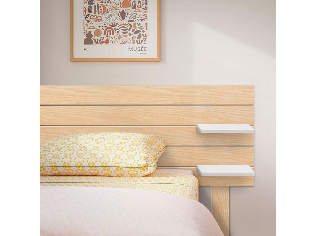 DHOME Hoofdbord met planken gemaakt van gerecycled MDF-hout Hangend wandbed in horizontale palletstijl met poten Vintage bed (natuurlijk hout/wit, 145 cm)