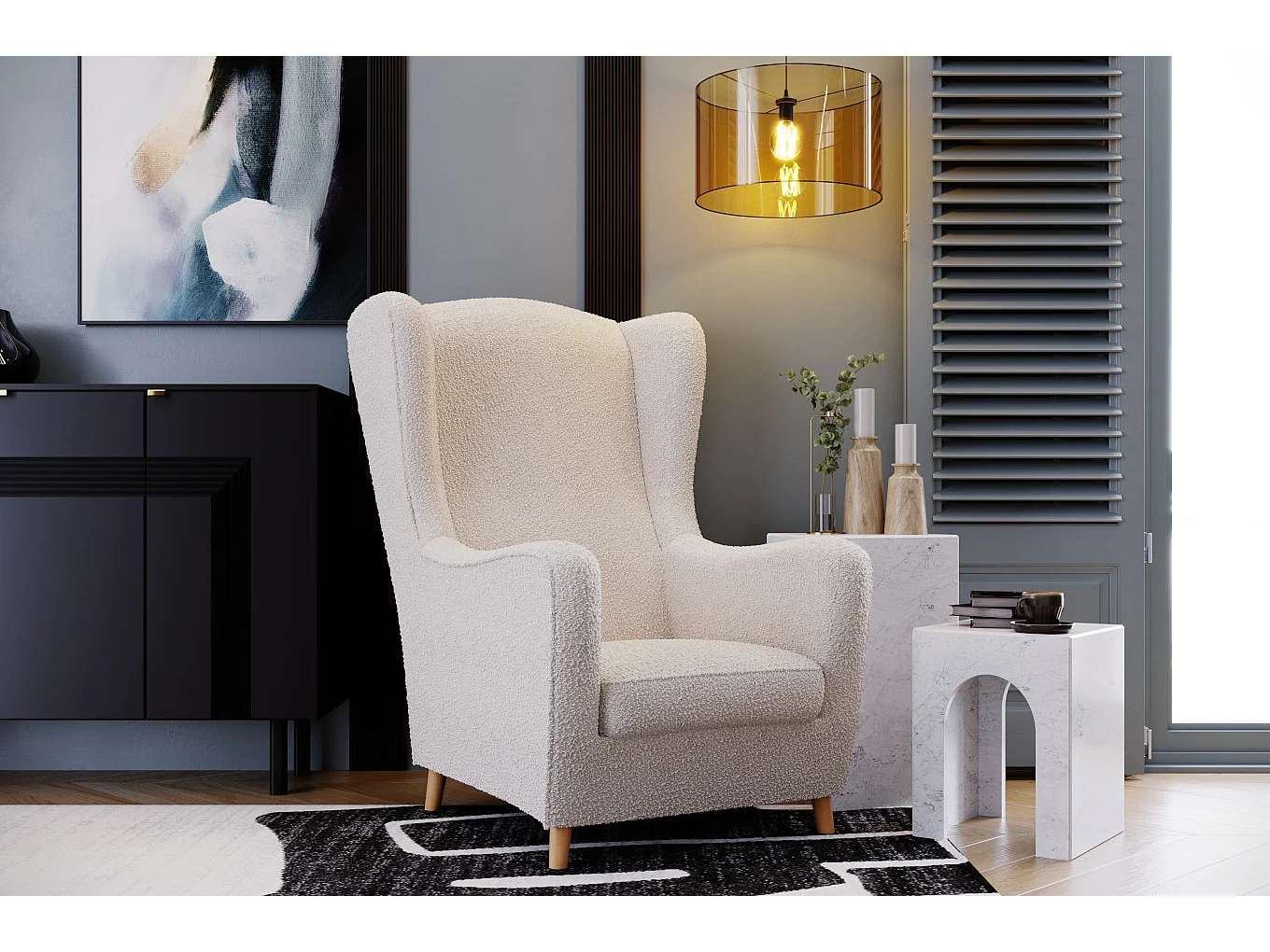 Fotel uszak Skandica AGNETA boucle / nóżki naturalne