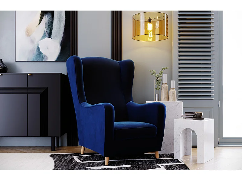 Granatowy fotel uszak Skandica AGNETA / nóżki naturalne