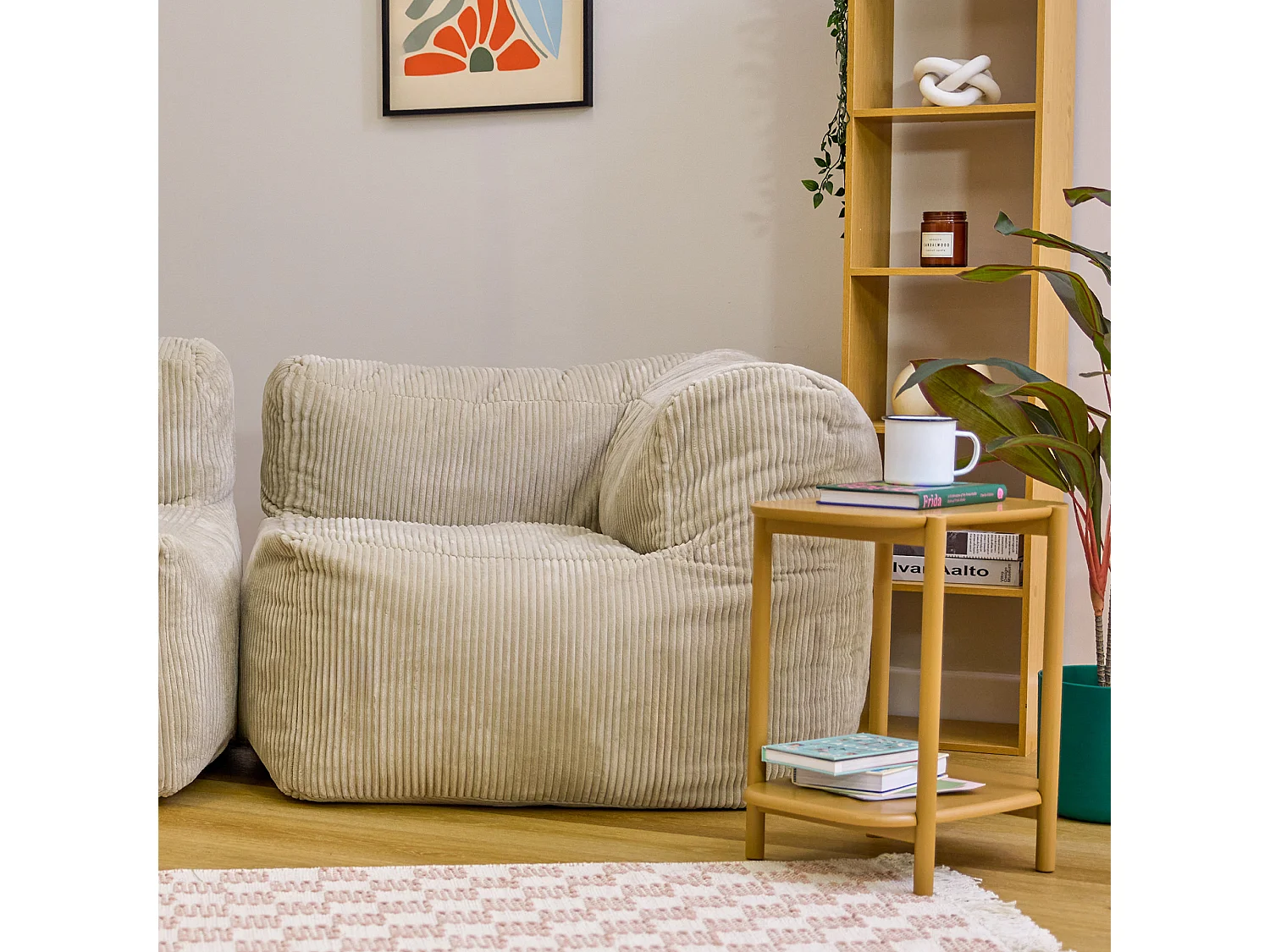 Pouf fauteuil d'angle modulaire en velours côtelé beige - ZEN