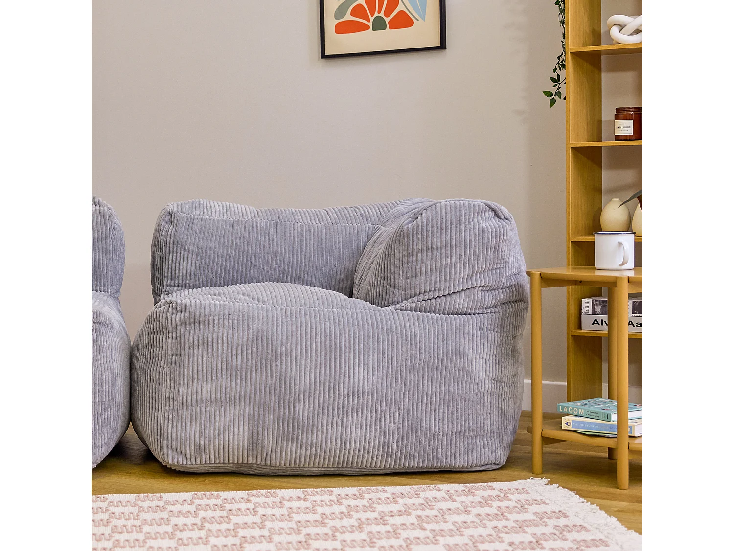 Pouf fauteuil d'angle modulaire en velours côtelé gris - ZEN