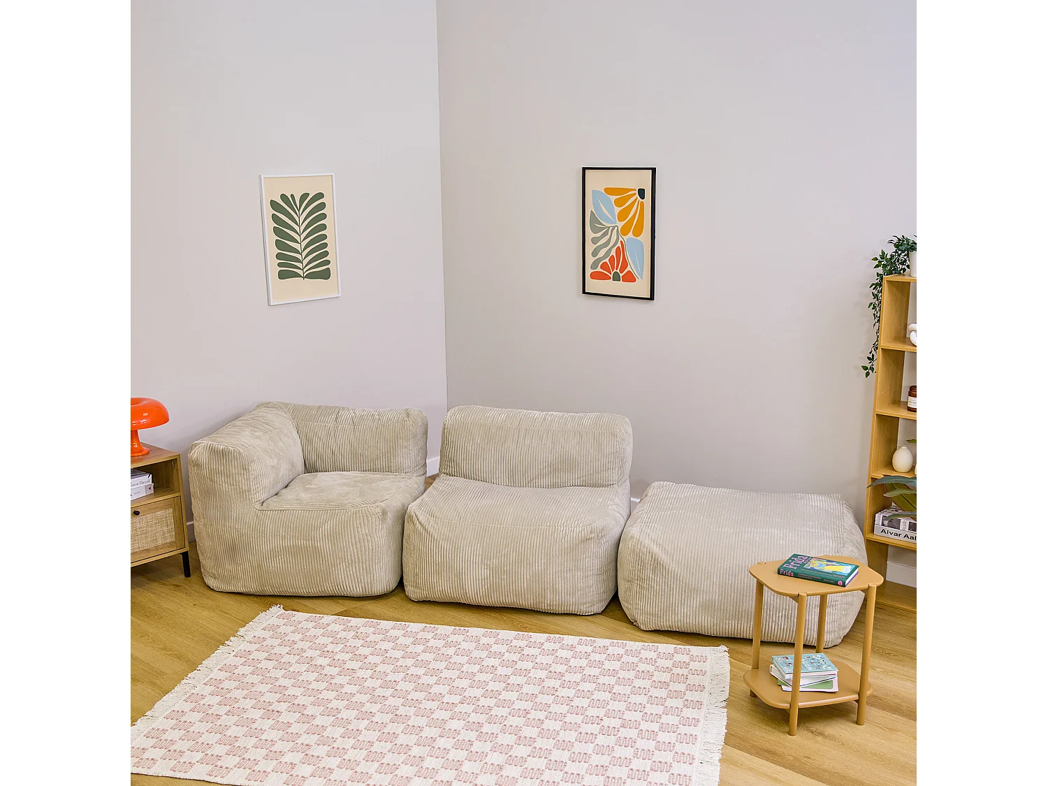 Ensemble canapé poufs 3 pièces, beige : angle, fauteuil et repose-pieds - ZEN