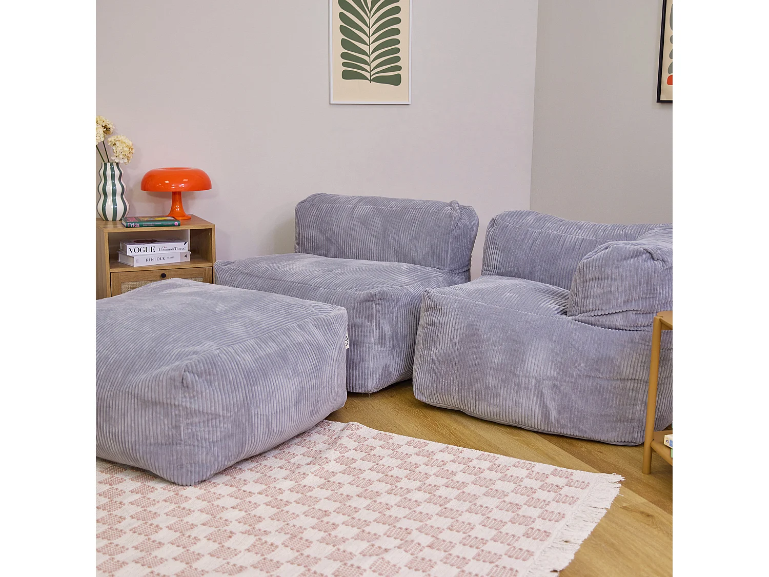 Ensemble canapé poufs 3 pièces, gris : angle, fauteuil et repose-pieds - ZEN