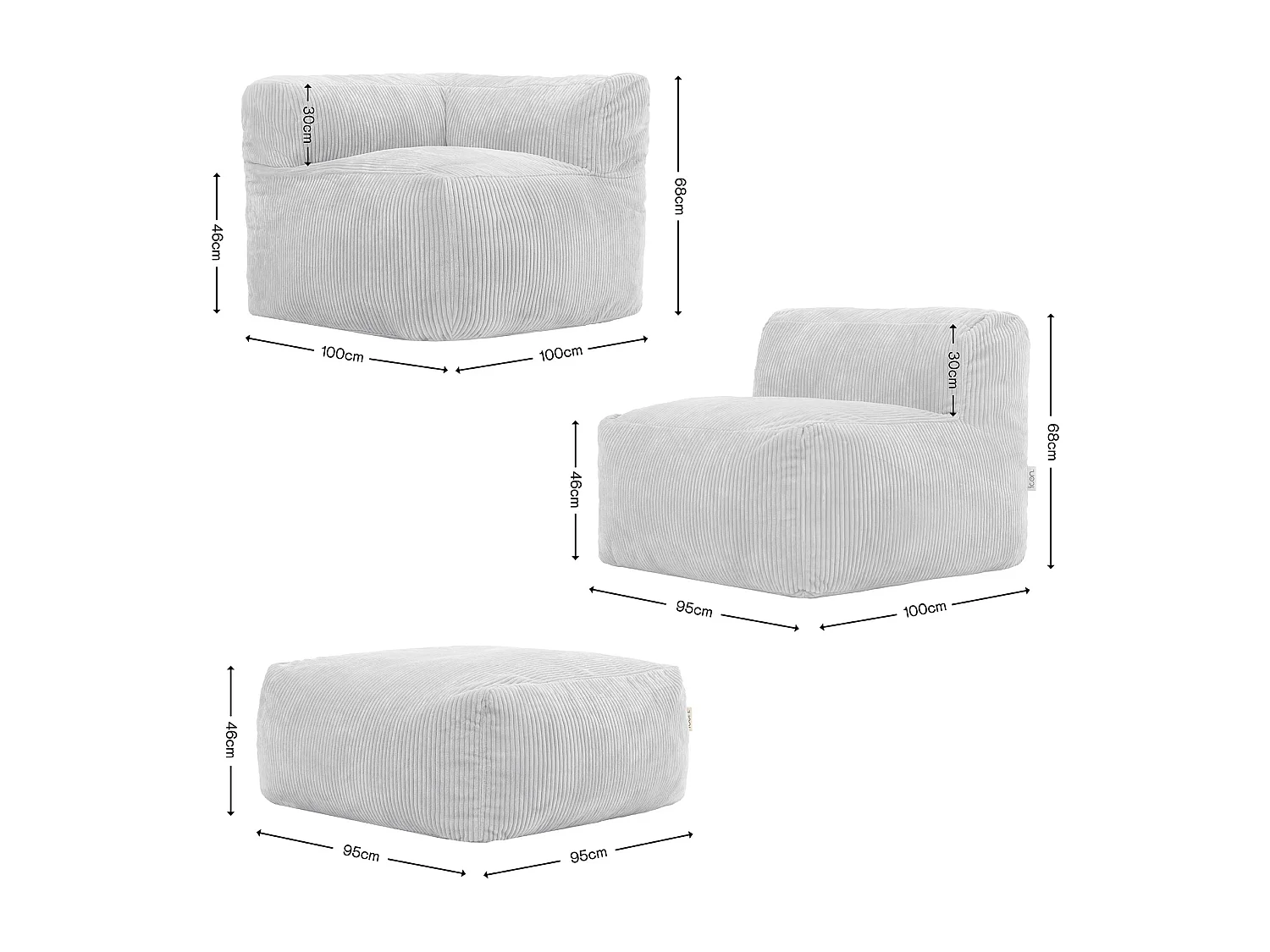 Ensemble canapé poufs 3 pièces, gris : angle, fauteuil et repose-pieds - ZEN
