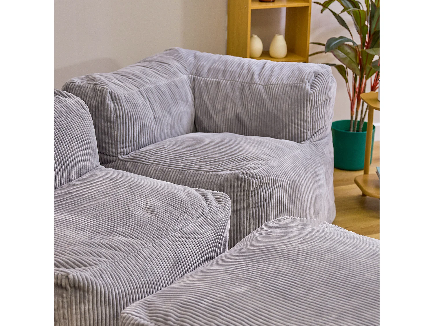 Ensemble canapé poufs 3 pièces, gris : angle, fauteuil et repose-pieds - ZEN