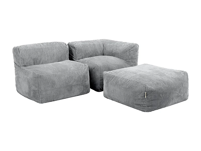 Ensemble canapé poufs 3 pièces, gris : angle, fauteuil et repose-pieds - ZEN