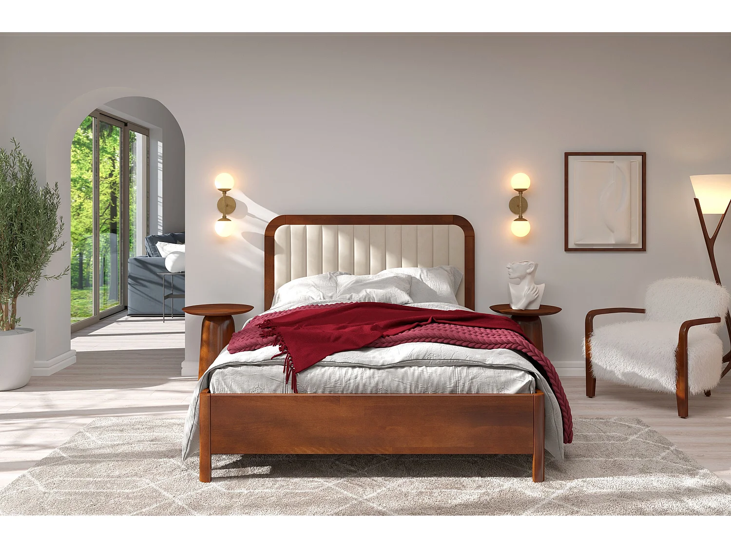 Massivholzbett Modena, gepolstertes kopfteil, buche - lackiert, nussbaumfarbe/ecru, 180x200