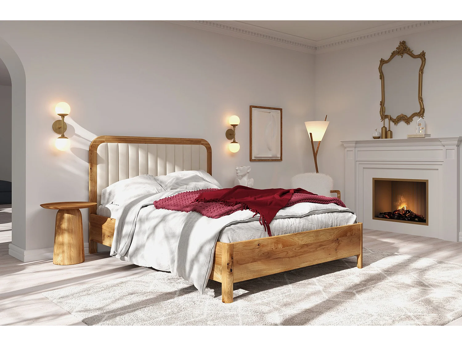 Massivholzbett Modena, gepolstertes kopfteil, eiche - lackiert, naturfarben/ecru, 140x200