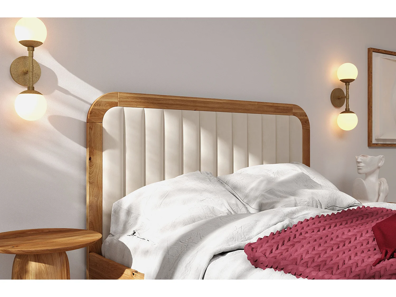 Massivholzbett Modena, gepolstertes kopfteil, eiche - lackiert, naturfarben/ecru, 140x200