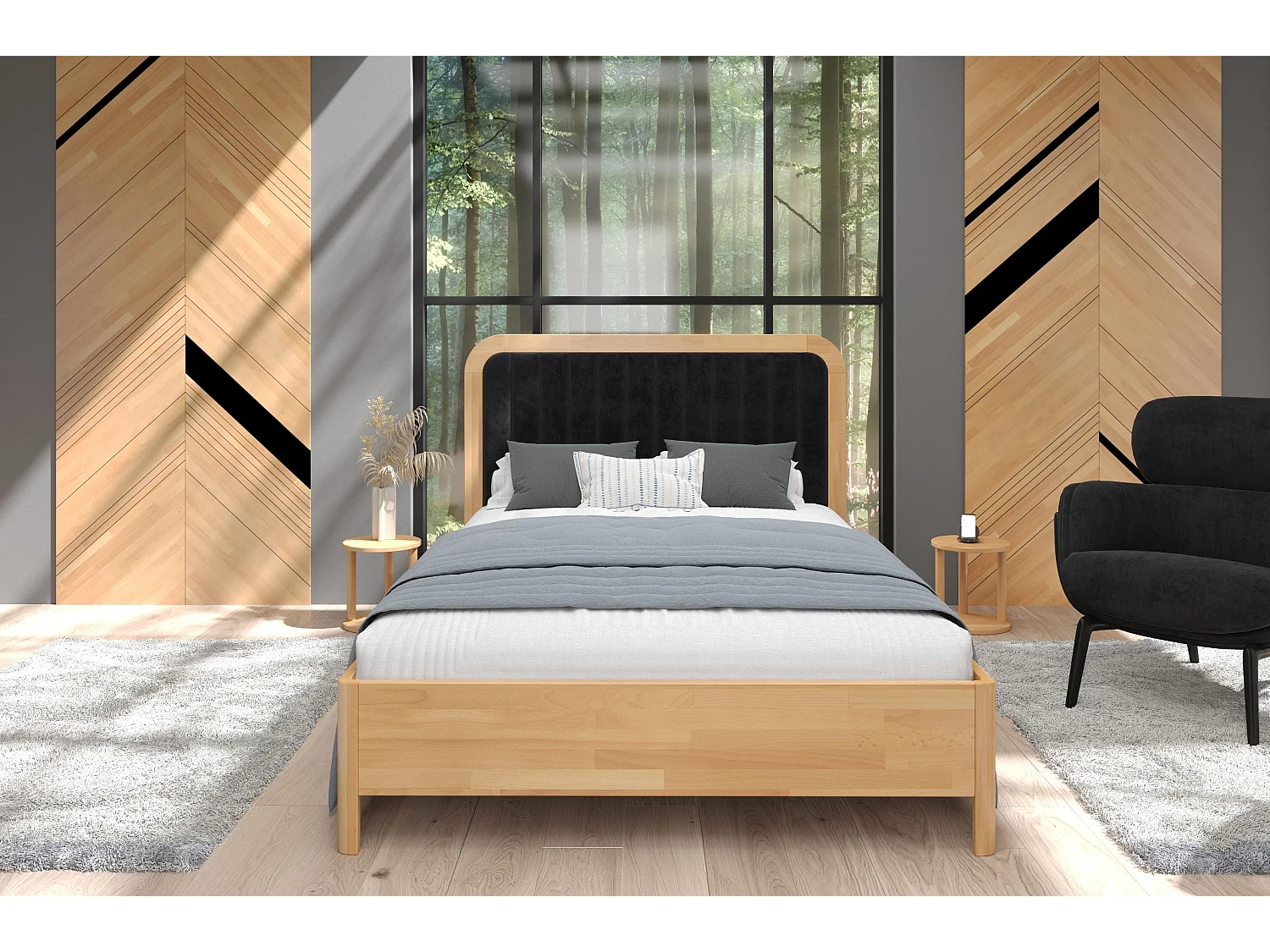 Massivholzbett Modena, gepolstertes kopfteil, buche - lackiert, naturfarben/schwarz, 140x200