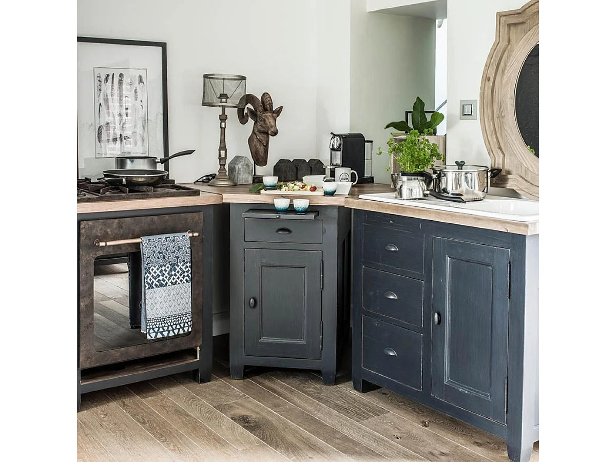 Meuble évier 1 porte 3 tiroirs Bois Noir - Brocante Interior's