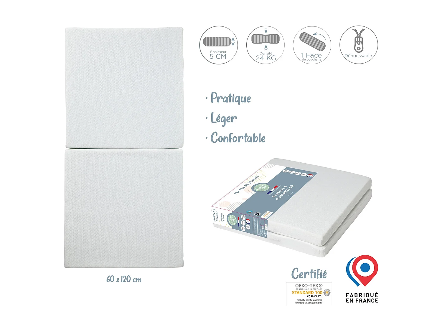 Matelas bébé pliable 60 x 120 cm - 100 % polypropylène - Blanc