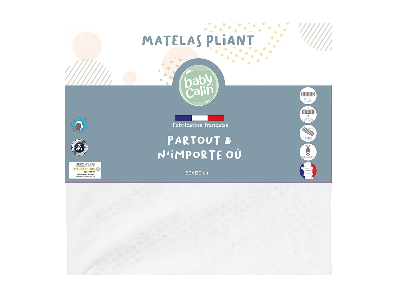 Matelas bébé pliable 60 x 120 cm - 100 % polypropylène - Blanc