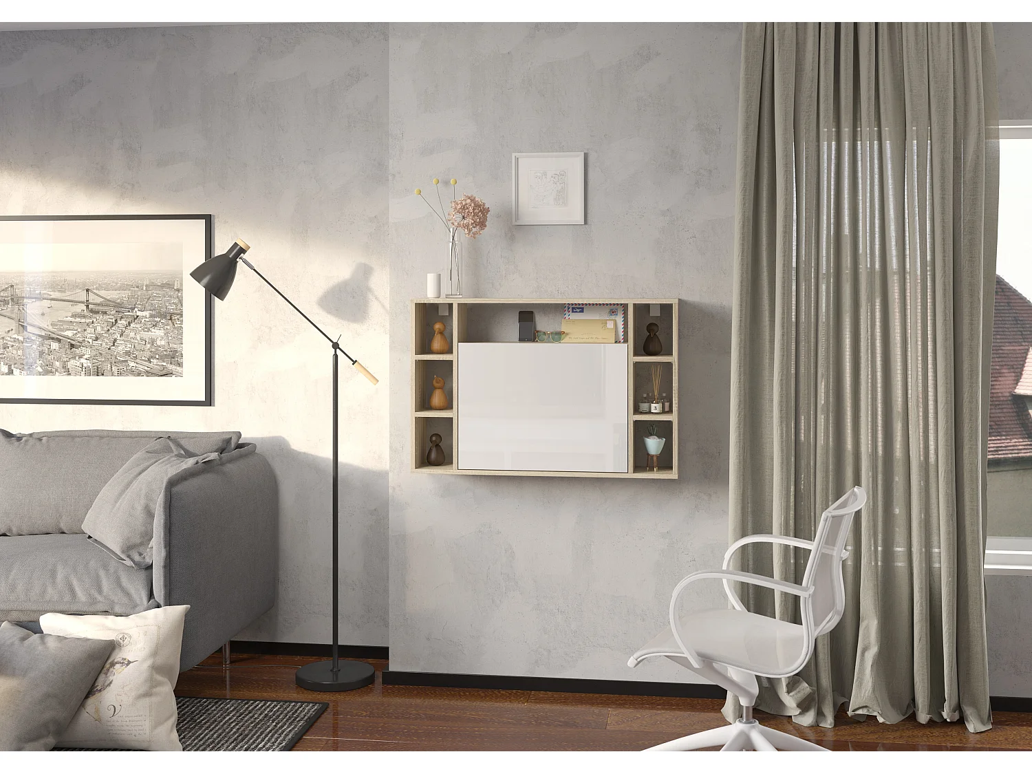 Hangend bureau MUSE Sonoma eiken / wit glanzend