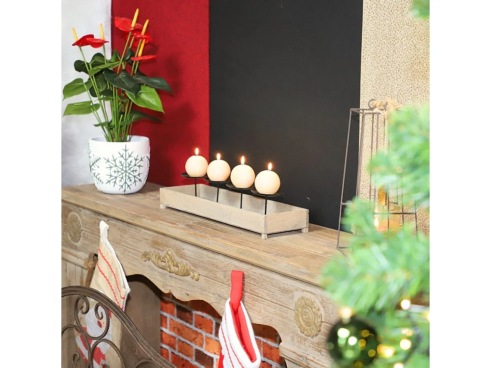 Bougeoir 4 supports en bois et métal marron 46 x 13 x 11