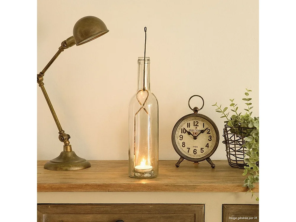 Photophore bouteille en métal et verre gris Ø.7 x 38.5 cm