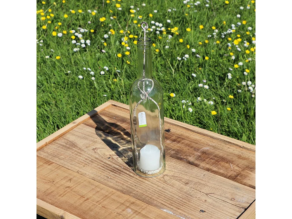 Photophore bouteille en métal et verre gris Ø.7 x 38.5 cm