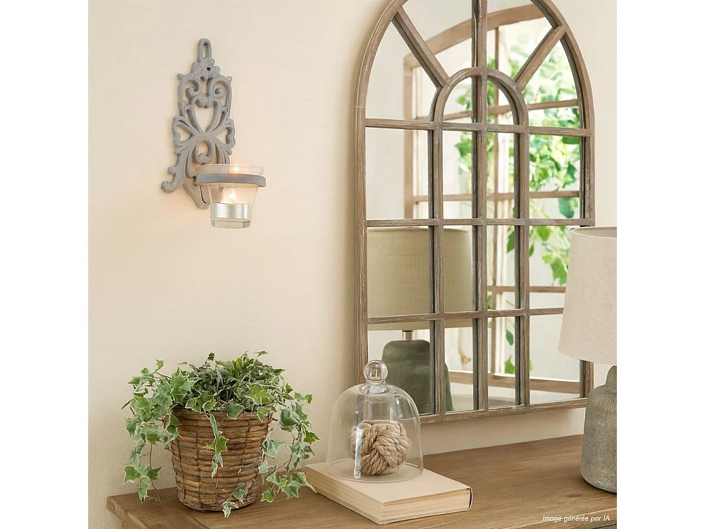 Photophore bougie Noël bougeoir mural fonte verre gris 19x13.5cm