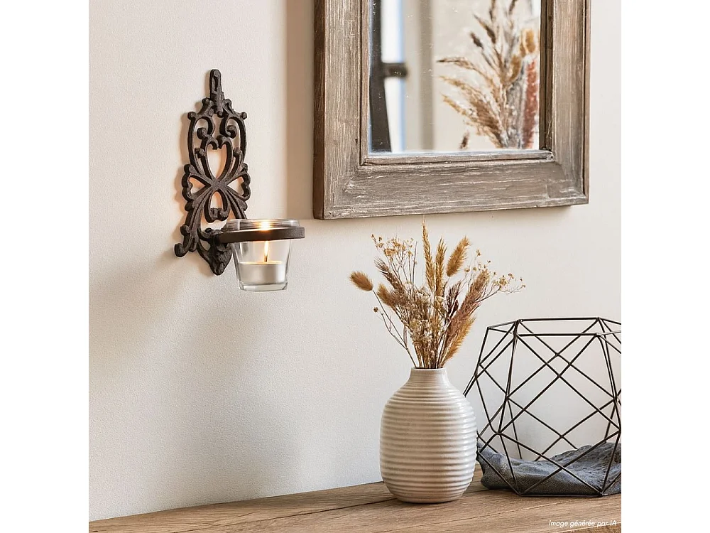 Photophore bougie bougeoir mural fonte verre marron 19x13.5cm