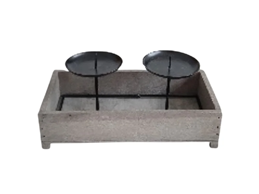 Bougeoir 2 supports en bois et métal marron 24 x 13 x 11 cm