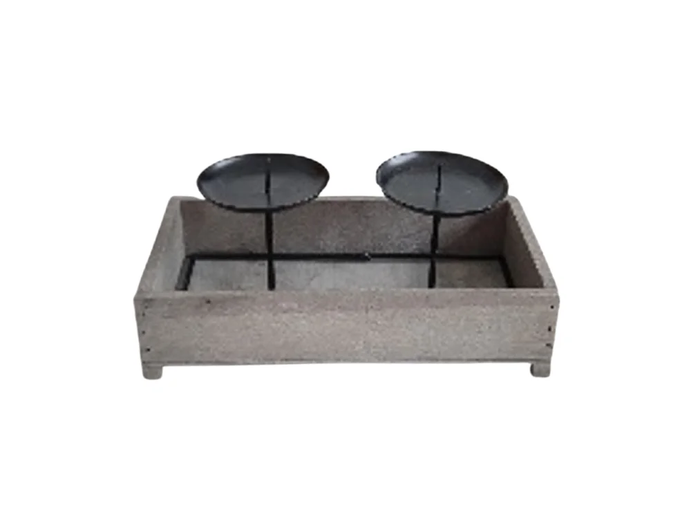Bougeoir 2 supports en bois et métal marron 24 x 13 x 11 cm