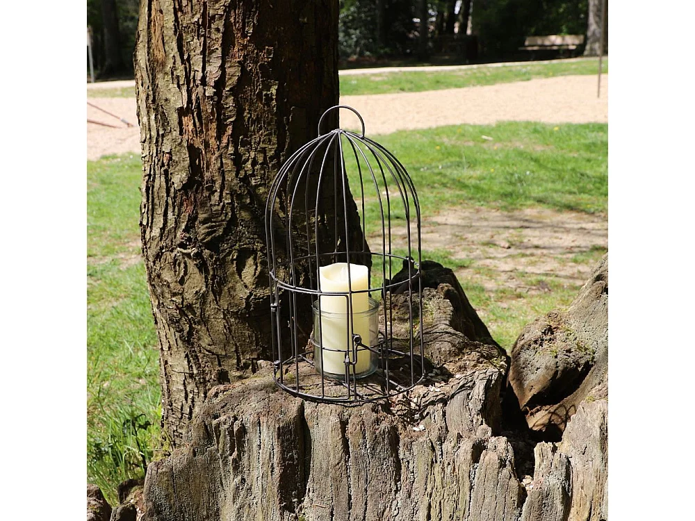 Cage bougeoir en métal et verre gris Ø.22 x 40cm